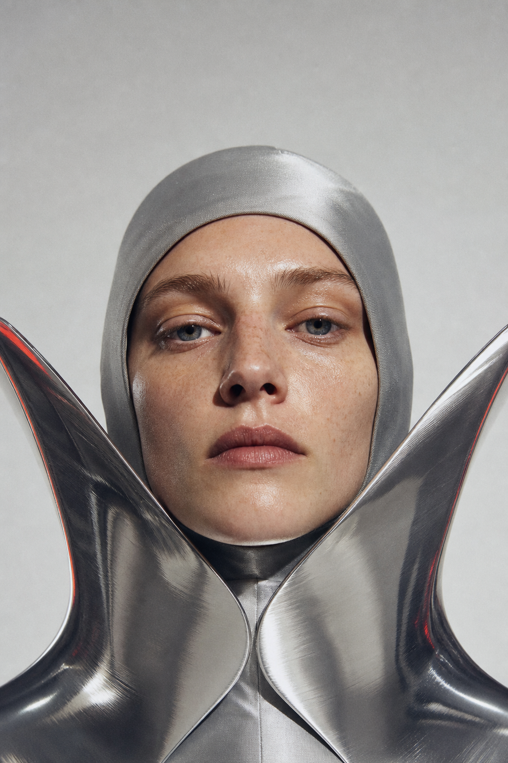 Close beauty portrait of an adult model framed by a silver sculptural collar