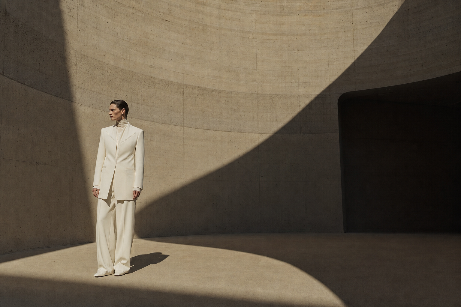 Adult model in a structured ivory suit standing beneath monumental curved concrete architecture